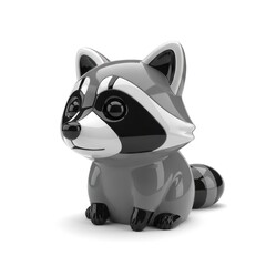 A stylized 3D render of a cute raccoon figurine. The toy has a gray body with black and white accents, sitting against a plain white background under studio lighting.