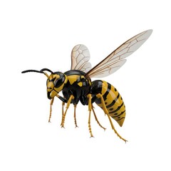 Detailed 3D Render of a Yellow and Black Striped Wasp Insect Flying Isolated on a White Background with Translucent Wings and Segmented Body.