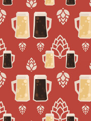Beer vintage seamless pattern. Simple graphic drink print. Many big glass mugs, hop icons. Alcoholic beverage background. Craft brewery concept. Flat geometric drawn signs set. Old retro colors image