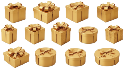 Several realistically rendered, uniformly colored, matte-finish cardboard gift boxes with intricately tied golden ribbons and bows are arranged in a grid, isolated on transparent background.