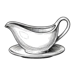 A hand-drawn sketch of a classic gravy boat with a saucer, presented in vintage line art style on a clean white background. Ideal for culinary and kitchenware themes.