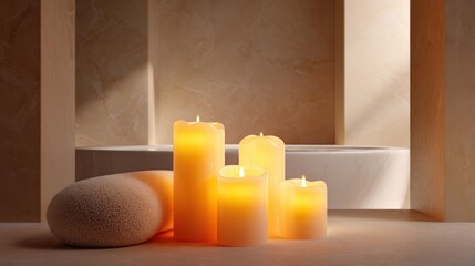 Group of five orange candles arranged in a row on a wooden surface. the candles are lit and appear to be floating in the air. in the background, there is a white bathtub and a beige-colored wall.