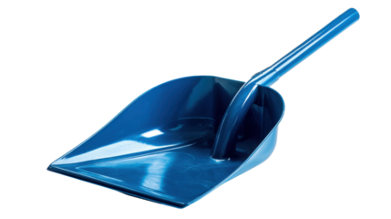 Blue plastic dustpan for home or industrial cleaning, collecting dirt and debris, transparent background