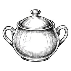 A hand-drawn sketch illustration of a vintage ceramic sugar bowl with two handles and a lid, isolated on a white background. The image is in black and white, showcasing a retro kitchenware item.