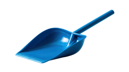 Blue plastic dustpan with an ergonomic long handle for scooping and cleaning, presented on a transparent background