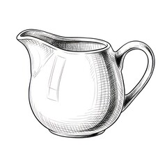 A hand-drawn sketch of a small creamer pitcher. This black and white illustration features a simple vessel with a handle and a spout, presented on a clean white background.