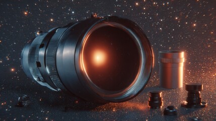 Close-up of a camera lens with a bright orange glow emanating from it. the lens is in the center of the image, with the outer ring of the lens facing towards the right side.