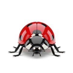 A detailed macro photograph captures a vibrant red ladybug with distinctive black spots against a clean white background, highlighting its textured shell and delicate legs.