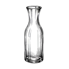 A simple sketch illustration of a clear glass carafe with a narrow neck and wide base, isolated on a white background. This elegant container is suitable for serving liquids.