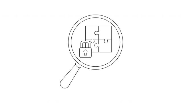 A magnifying glass focuses on a 4piece puzzle and a padlock