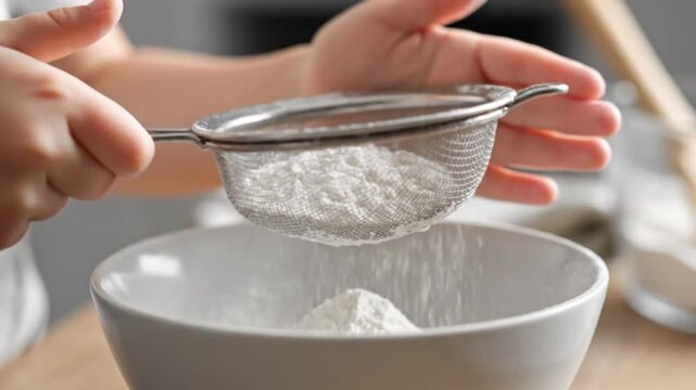 Close up of hands sifting flour into a bowl for baking preparation
