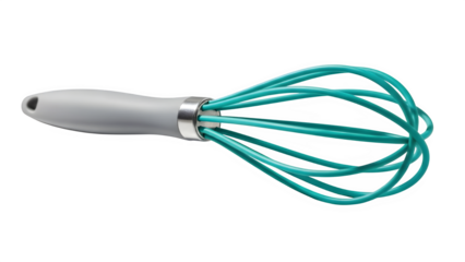 Teal silicone balloon whisk with grey handle for baking and cooking isolated on transparent background