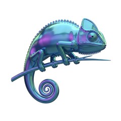 A reptile with an iridescent, metallic sheen in shades of teal, purple, and blue, perched on a thin branch. Its tail is curled in a swirl. Isolated on a white background.