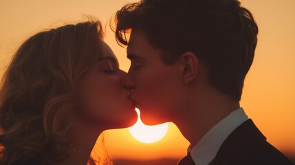 Wedding ceremony planning, A romantic silhouette of a couple kissing against a vibrant sunset, embodying love and connection in a serene atmosphere.
