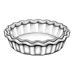 An empty fluted pie dish rendered in a black and white hand-drawn sketch style. The illustration features detailed texture and shading, highlighting the fluted edges and the depth of the dish.
