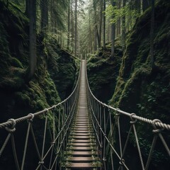A wooden suspension bridge stretches across a deep green forest canyon. Dappled sunlight and sparkling lights create a magical, enchanting atmosphere.