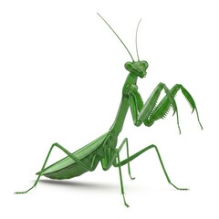 Detailed Green Praying Mantis Insect Against a Clean White Background Studio Shot Dramatic Lighting Focus on Delicate Forelimbs