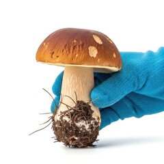 A blue-gloved hand holds a large porcini mushroom with soil on its roots, isolated on a white background.