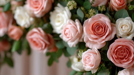 Wedding ceremony planning, A lush arrangement of pink and white roses, surrounded by greenery, creates a romantic and elegant floral display.