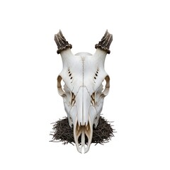 A stark white deer skull with small, developing antlers rests on dark gravel. Isolated on a clean white background, this overhead studio shot emphasizes the intricate details of the bone structure.