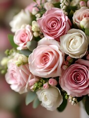 Wedding ceremony planning, A beautiful bouquet of pink and white roses, showcasing delicate petals and lush greenery, perfect for any romantic occasion or celebration.