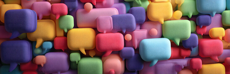 Colorful speech bubbles create vibrant visual representation of trending topics, hashtags. Digital graphic shows engaging online communication ideas for social media. Abstract design suggests social