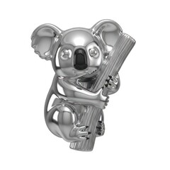 A gleaming silver koala sculpture holding a eucalyptus branch. This metallic artwork is isolated on a white background, illuminated by studio lighting.