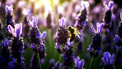Honeybee Gathering Nectar on Purple Lavender Flowers in Golden Sunlight, Macro Nature Background
