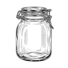 Line art illustration of an empty clear glass jar with a hinged lid and metal clasp. Ideal for storage or preserving food. Isolated on a white background.