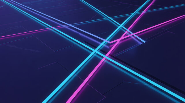 Futuristic abstract geometric grid with intersecting neon lines on dark surface - Powered by Adobe