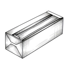 Simple Line Drawing of a Rectangular Metal Mailbox or Storage Box with Serrated Edges and a Folded Opening on a White Background