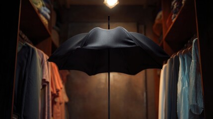 Black umbrella hanging from a black pole in a closet. the umbrella is open and appears to be in the process of being opened. the closet is filled with clothes hanging on wooden shelves on both sides.