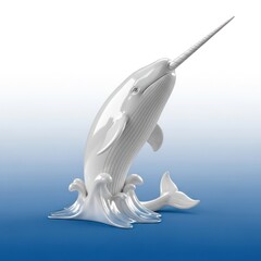 A white ceramic sculpture of a narwhal with its distinctive horn, emerging from stylized blue waves. The background is a smooth gradient.