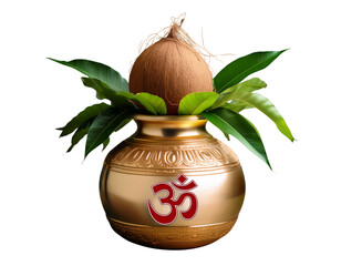 ornamental gold pot with the red Om symbol on it. Green mango leaves and a coconut are on top of the pot. Hindu rituals make use of the pot symbolism, cut out