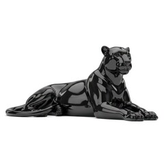 A glossy black panther sculpture lies in a relaxed pose against a pure white background. The highly reflective surface captures light, highlighting its sleek form and intricate details.