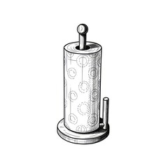 A Detailed Line Drawing of a Simple Wooden Paper Towel Holder on a White Background Capturing a Classic Kitchen Accessory in Black and White Monochrome.