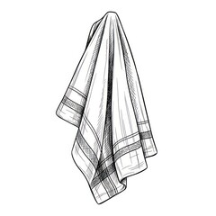 A line art illustration of a white kitchen towel folded and hanging. The towel features a decorative striped border. It is presented against a plain white background.