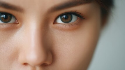 Wedding ceremony planning, A close-up of a young woman's face, focusing on her expressive brown eyes and smooth skin, conveying depth and emotion.