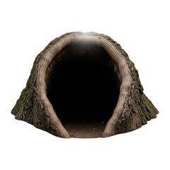 A hollowed tree trunk entrance with mossy bark and a dark interior. Isolated on a white background, this natural opening suggests a shelter or habitat.