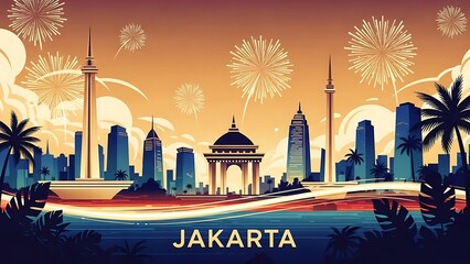 Stylized illustration of the Jakarta skyline at sunset or twilight with celebratory fireworks, showcasing modern skyscrapers, iconic monuments, and tropical palm trees in a vibrant graphic travel post