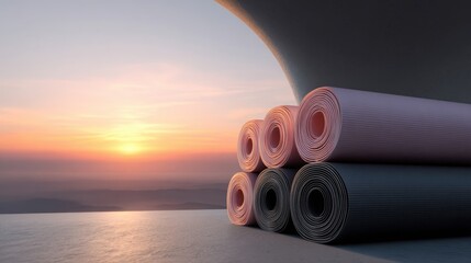 Stack of rolled up yoga mats on the edge of a cliff overlooking the ocean at sunset. the sky is a beautiful orange and pink color, with the sun setting in the background.