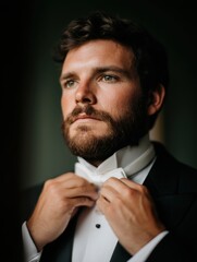 Wedding ceremony planning, A well-groomed man adjusts his bow tie, exuding elegance and sophistication in a dark, moody setting.