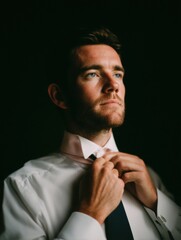 Wedding ceremony planning, A man in formal attire adjusts his tie, gazing thoughtfully in a dimly lit environment.