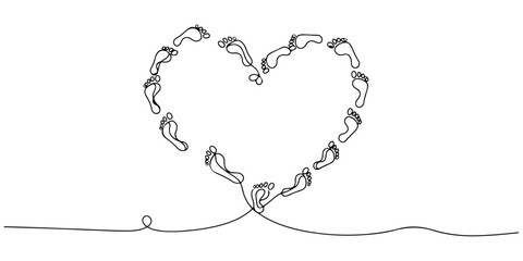 Obraz premium Continuous one line drawing of footprints forming a heart path, line art style vector illustration.