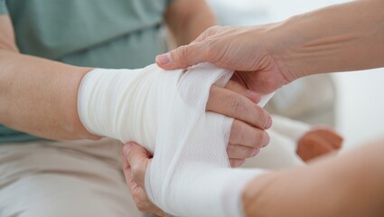 Rehab clinic close-up therapist wrapping bandage on injured wrist, clean medical setting photo