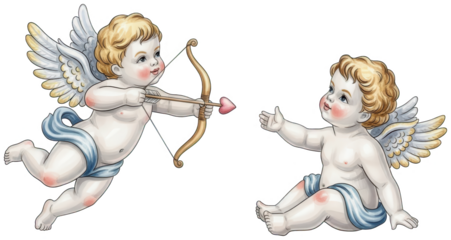 Two charming, vintage-style cherubic angels, depicted in a soft, watercolor illustration with delicate details and pastel color palette, one actively aiming a, isolated on transparent background.