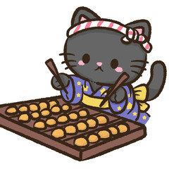 Adorable kawaii black cat wearing starry yukata cooking takoyaki with tiny sticks focused expression warm festival stall atmosphere cute japanese street food illustration style