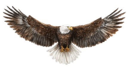 Bald eagle flying with wings spread, symbolizing freedom, patriotism, and strength on transparent background