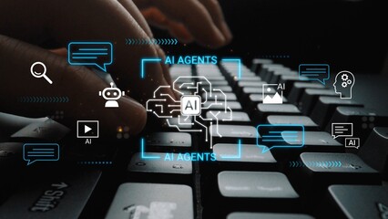 Close-up of Hands Typing on Keyboard with AI Graphics and Symbols Representing Technology,...