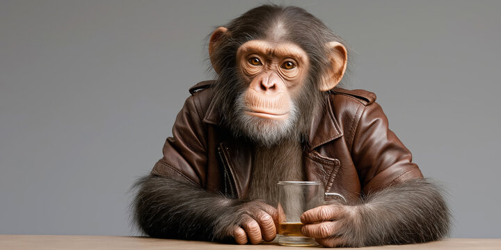 Chimpanzee wearing leather jacket, sitting at a bar holding a beer, contemplating life's complexities